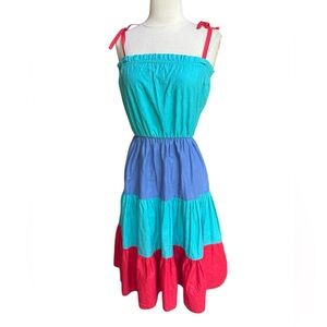 1980s Cotton Blend Color Block Sundress‎ w/Tie Shoulder Straps
